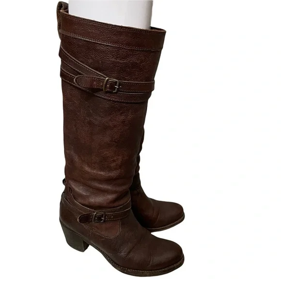 Frye Jane Strappy Dark Brown Knee High Heeled Boots Size 6.5 - Picture 3 of 16